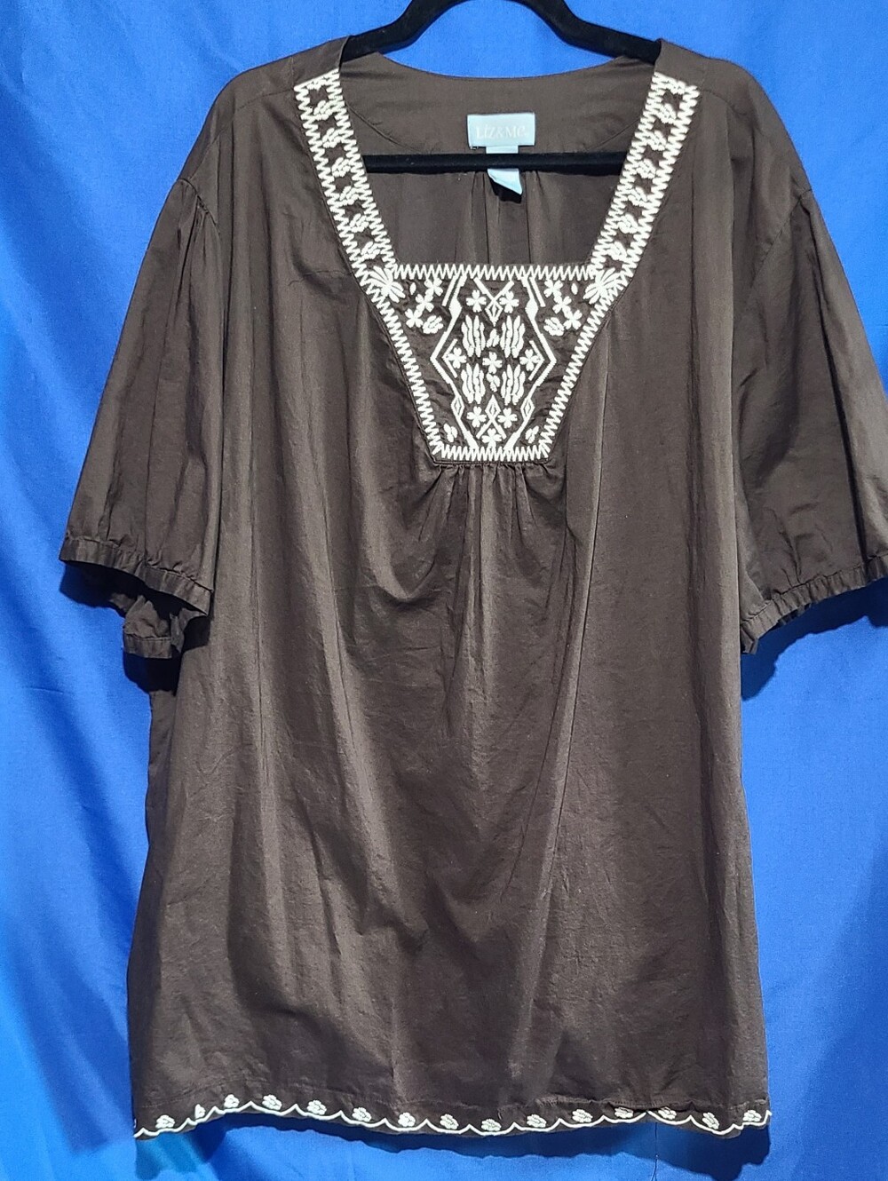 Liz & Me Dark Brown Peasant Top with White Embroidered Yoke Size 5X - Picture 2 of 5